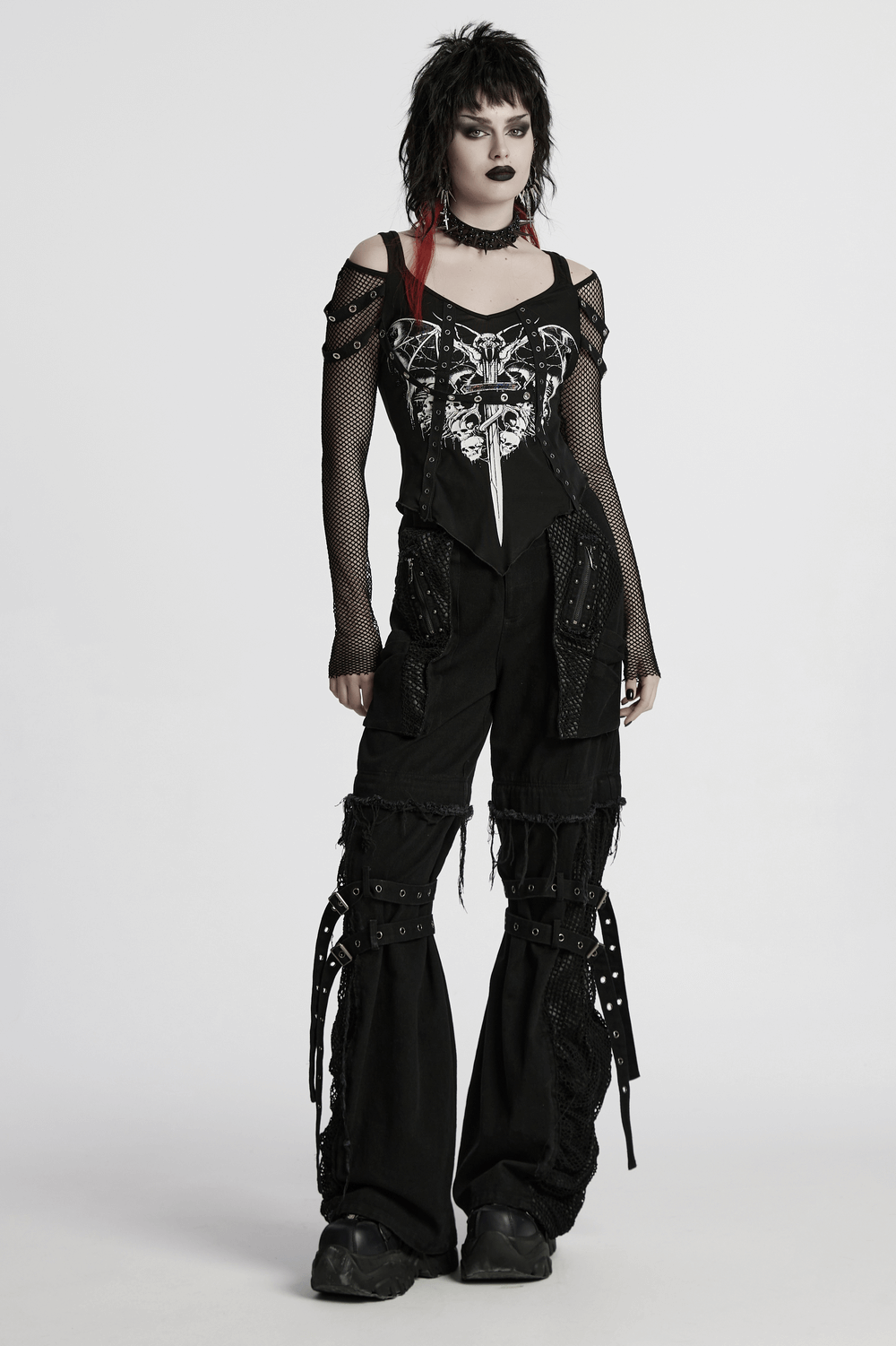 Punk detachable wide-leg pants with mesh pockets and studs, styled with a cropped top and edgy accessories.