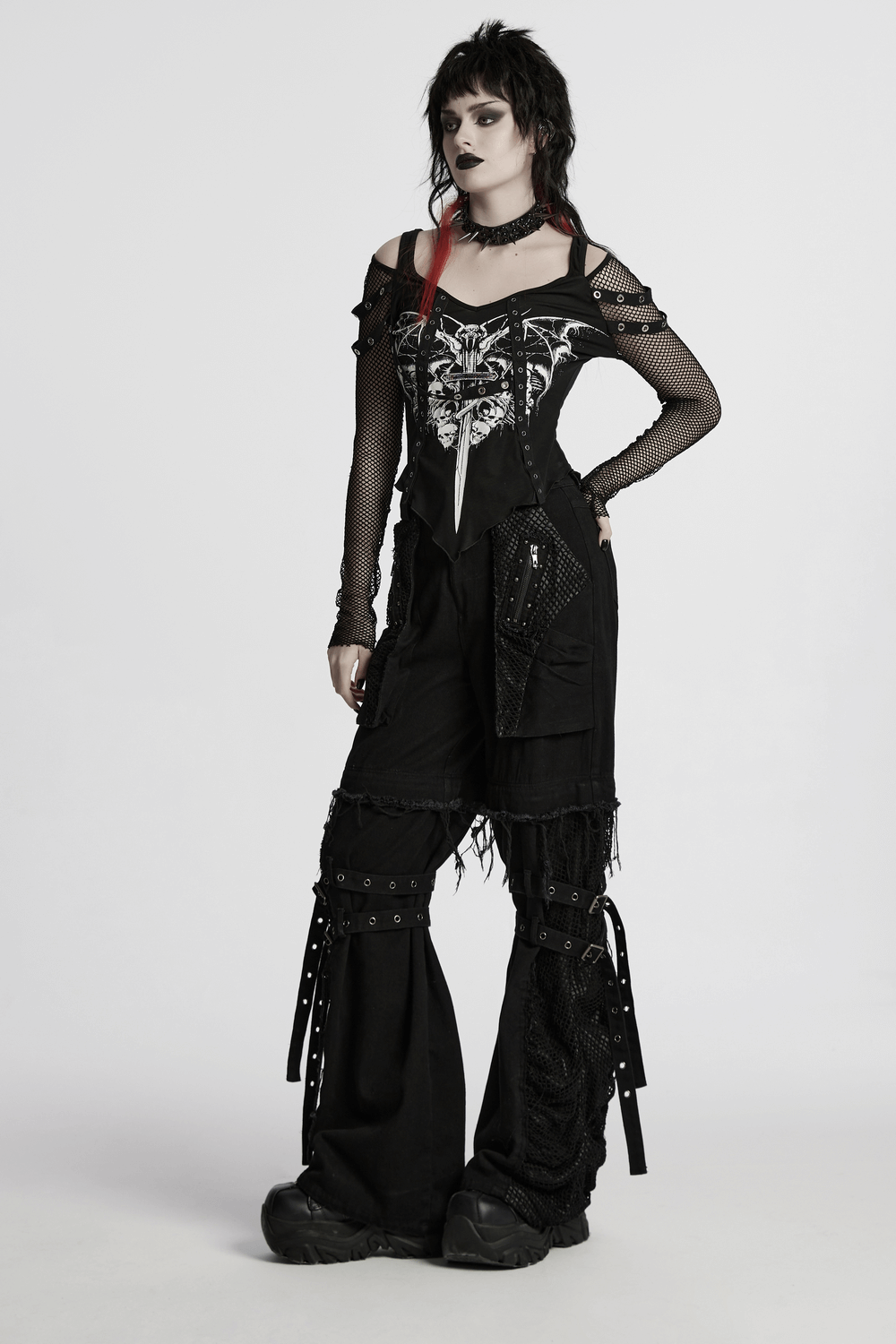 Wide-leg punk pants with mesh pockets and stud details, exuding a rebellious style and edgy flair.