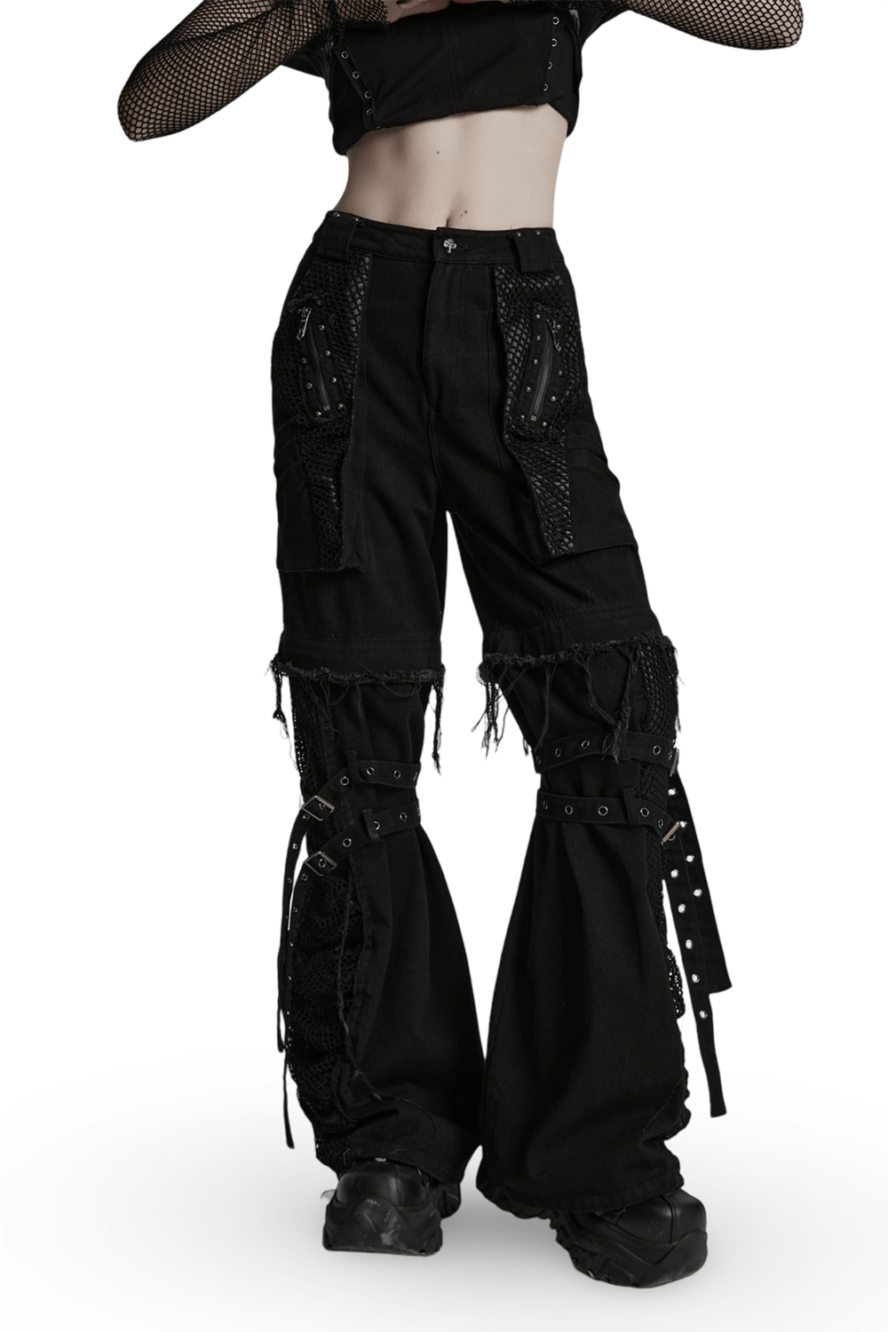 Punk detachable wide-leg pants with mesh pockets, stud details, and frayed edges for a bold street-style look.