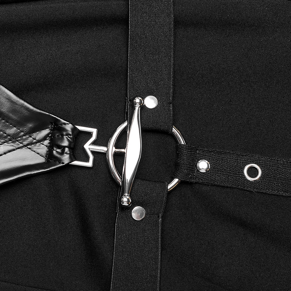 Close-up of punk detachable faux leather flare leg warmers with stylish metal eyelets and rings.