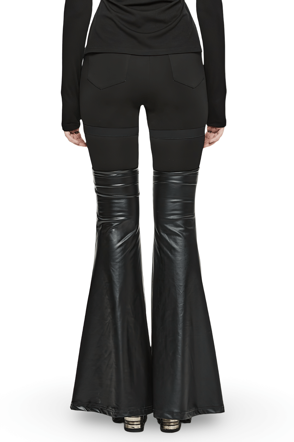Back view of punk detachable faux leather flared leg warmer pants, showcasing stylish fit and edgy design elements.