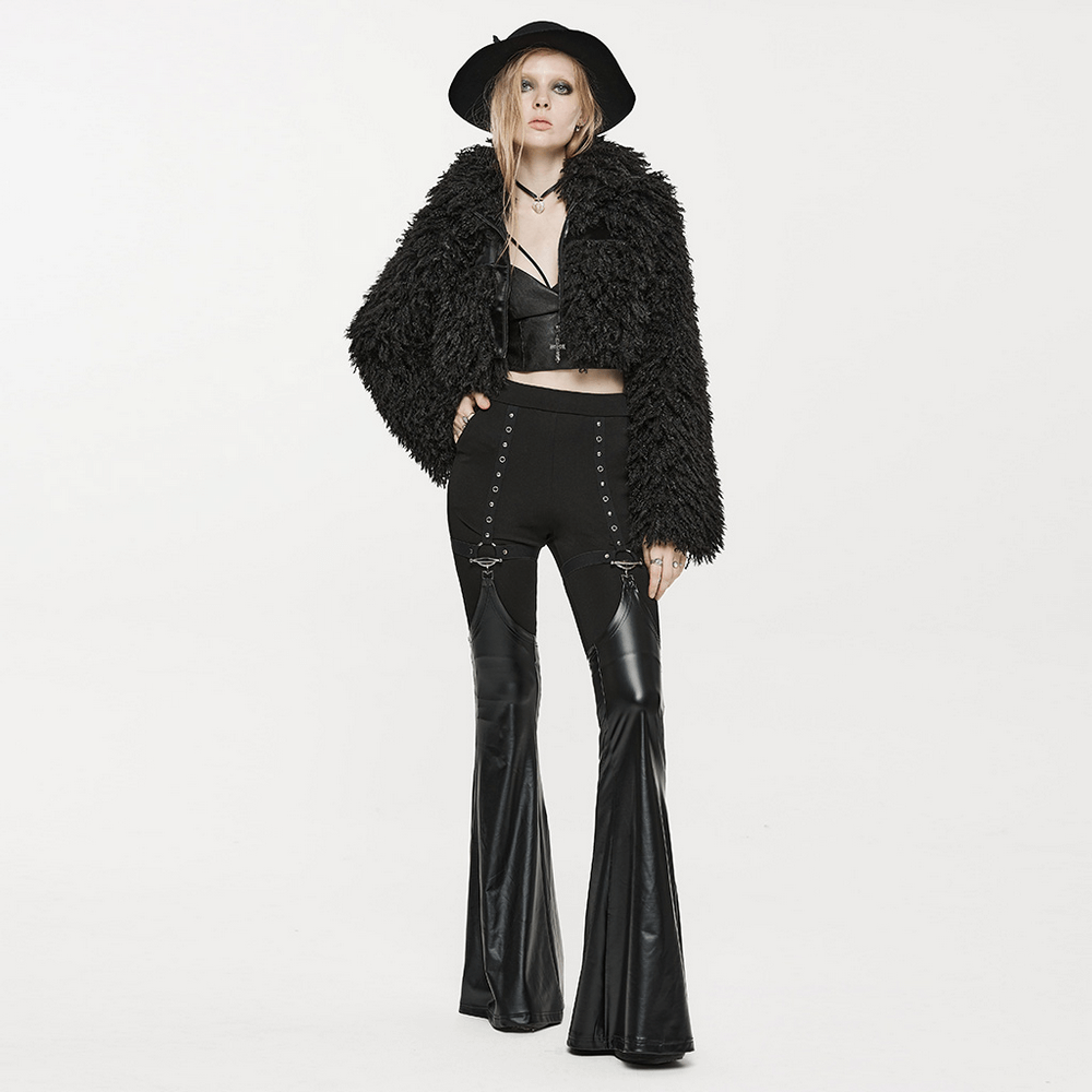 Model wearing punk detachable faux leather flared leg warmer pants with a stylish black faux fur jacket and hat.