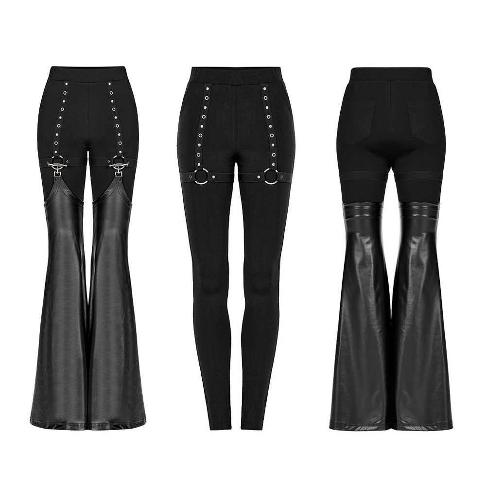 Punk detachable faux leather flare pants with eyelets and buttons, stylish leg warmers for a rock and roll look.