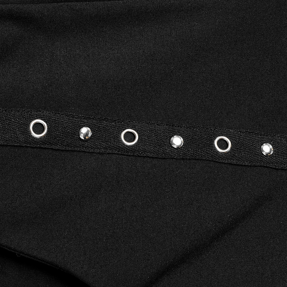 Close-up of metal eyelets and rings on punk detachable faux leather flare leg warmer pants.