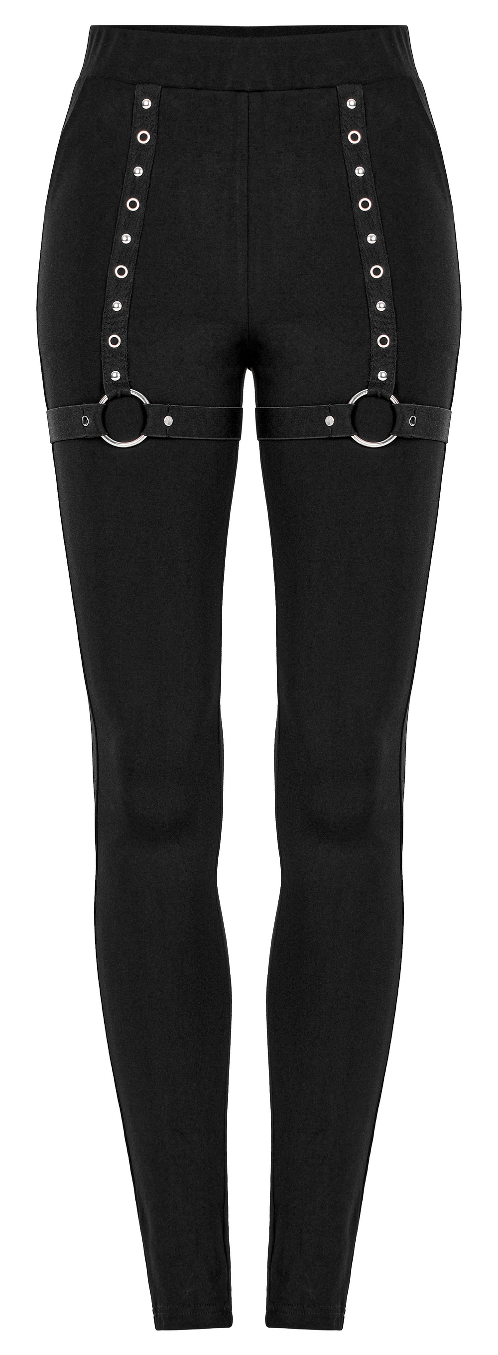 Punk detachable faux leather flared leg warmer pants with metal eyelets and rings for a rebellious look.