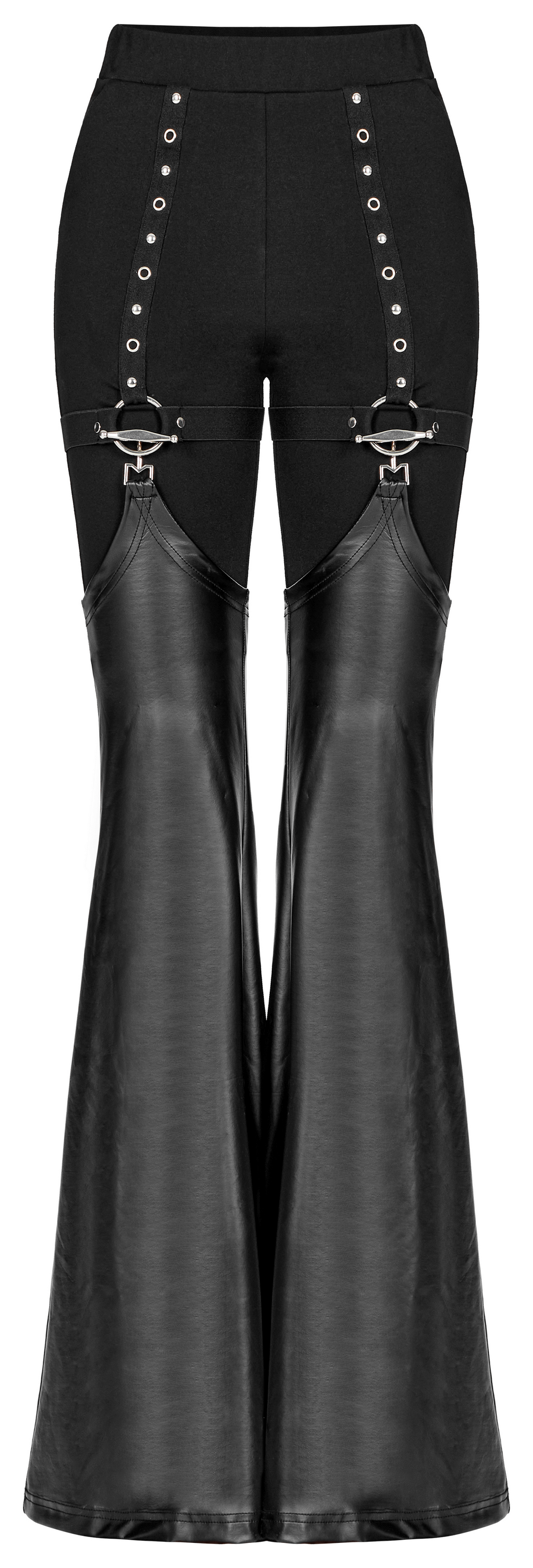 Punk detachable faux leather flared leg warmer pants with eyelets and metal rings for a rebellious look.