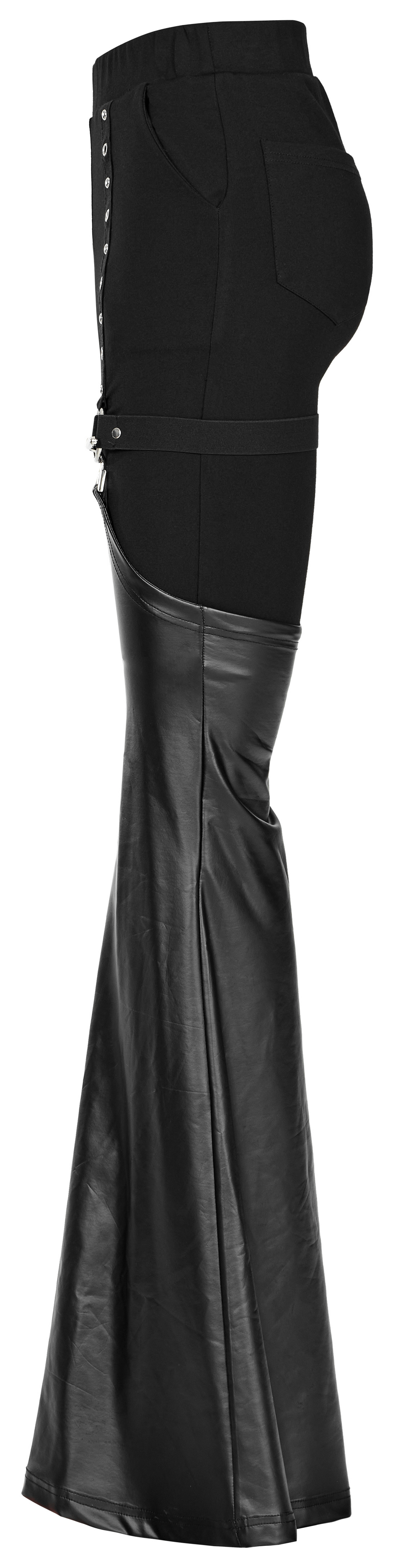 Punk detachable faux leather flared leg warmer pants showcasing a stylish side view with metal eyelets and buttons.