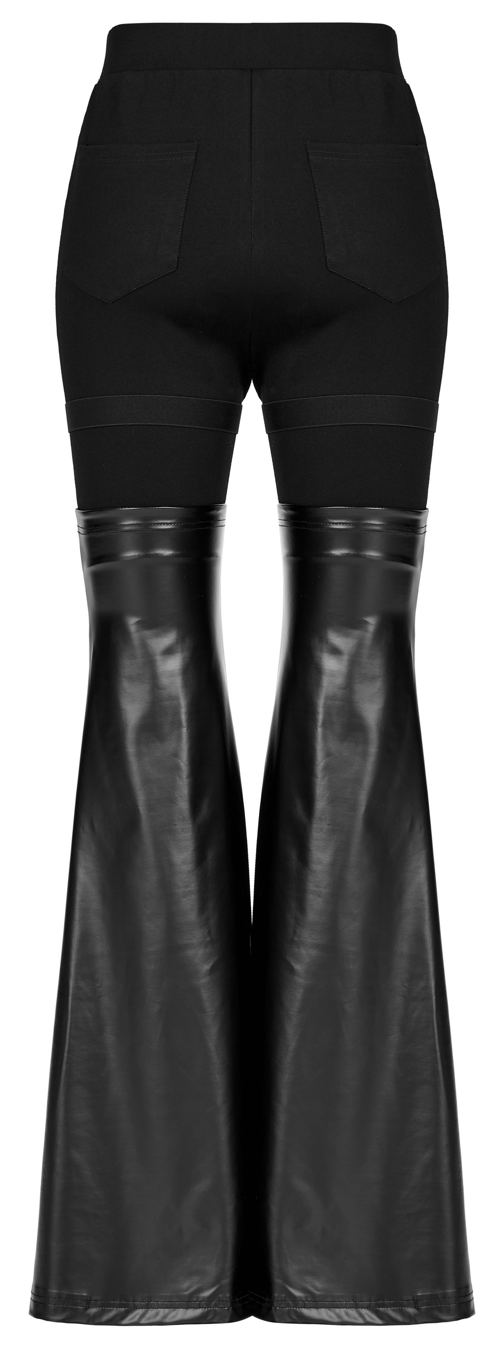 Back view of punk detachable faux leather flare leg warmer pants with metal details.