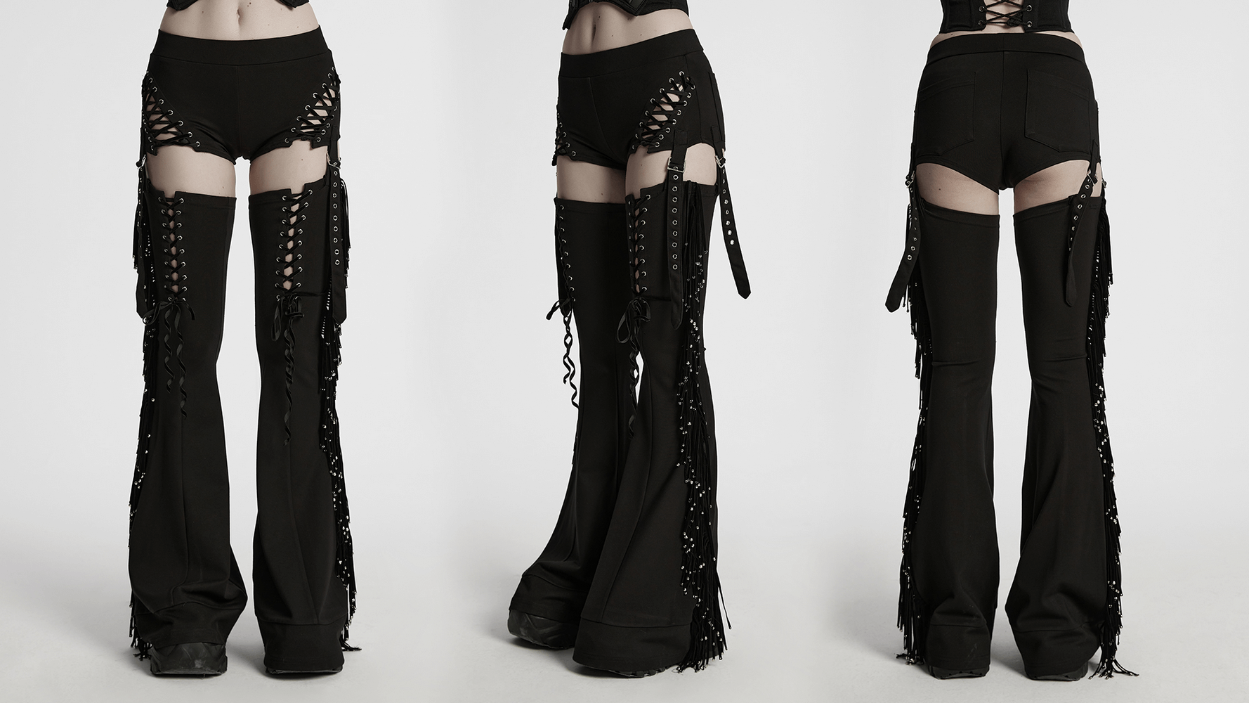 Punk detachable tassel pants with drawstring and flared fit, showcasing edgy design and stylish details from multiple angles.