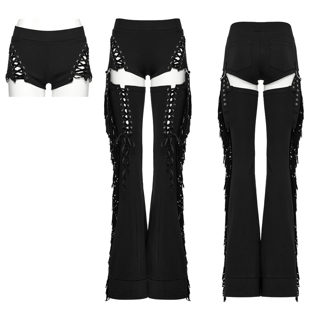 Punk detachable tassel pants with drawstring and flared fit, featuring lace-up details and removable shorts.