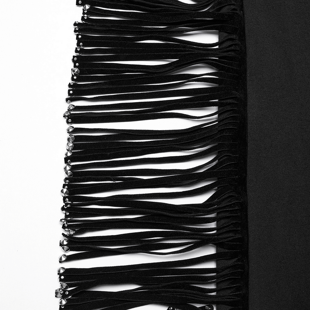 Close-up of black tassels with shimmering details from punk detachable pants, showcasing edgy flair and unique design.