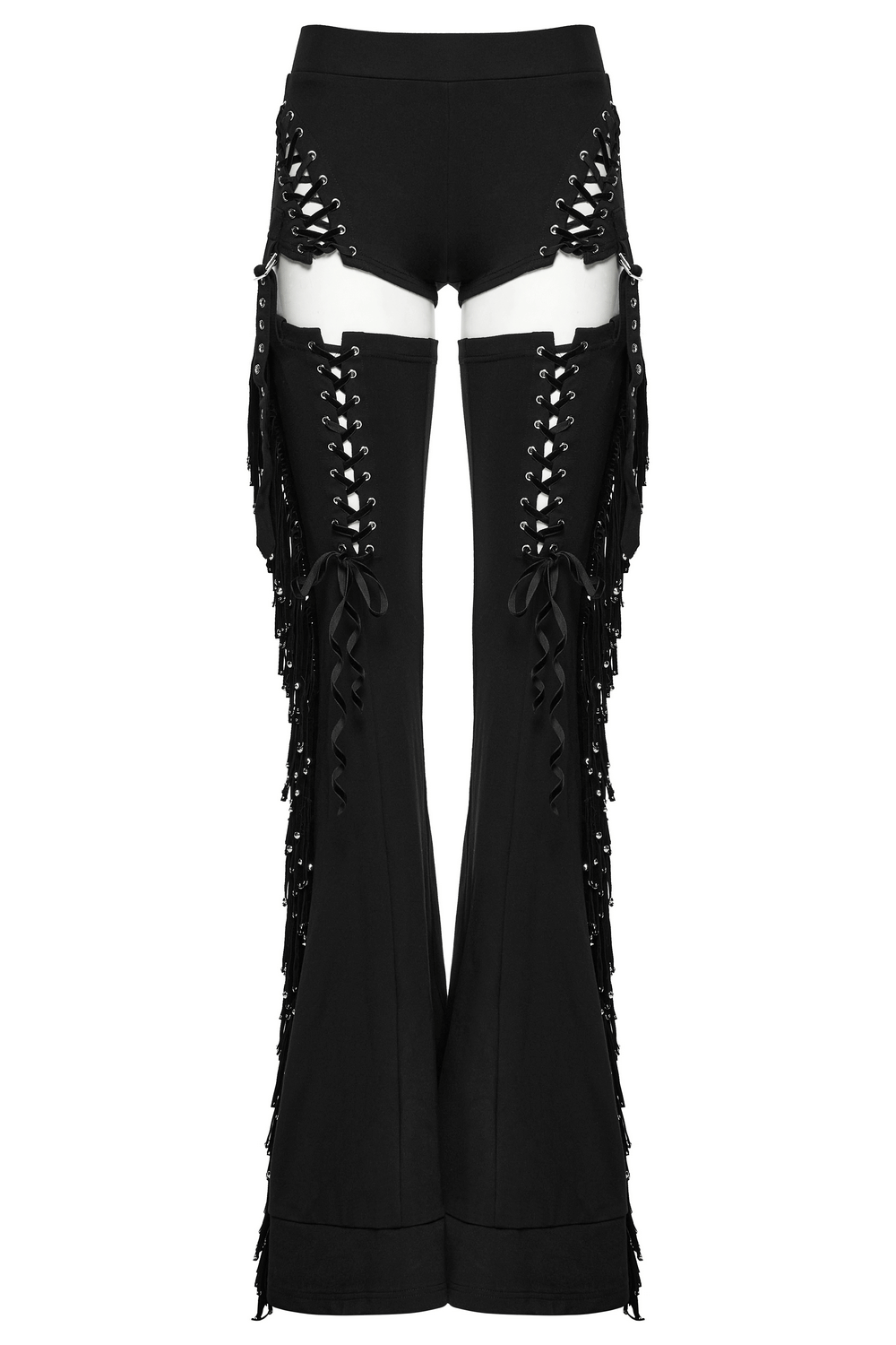 Punk detachable tassel pants with drawstring and flared fit, featuring edgy lace-up details.