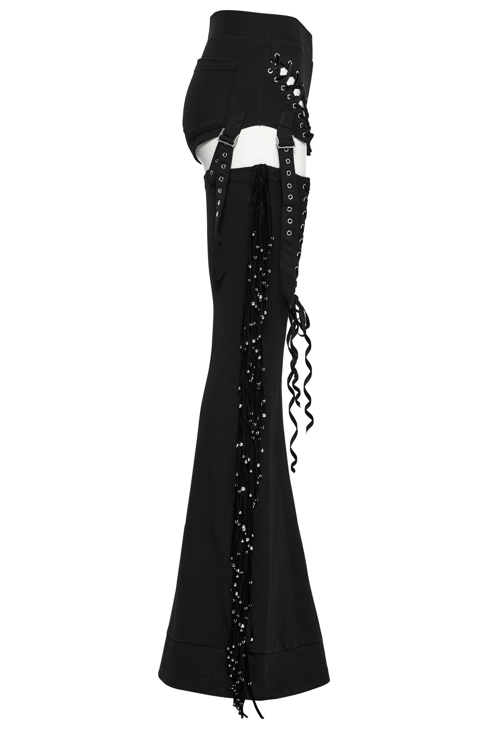 Punk detachable tassel pants with drawstring, flared fit, and edgy details for a bold look.