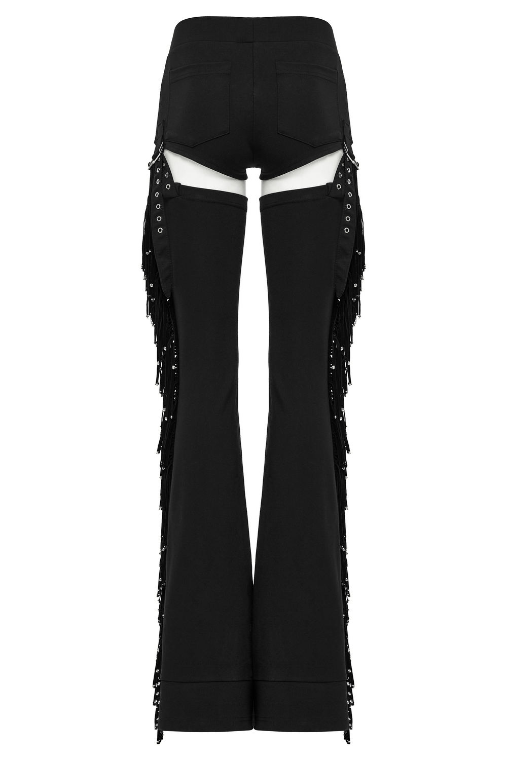 Back view of punk detachable tassel pants with drawstring, featuring flared fit and edgy design with tassels.