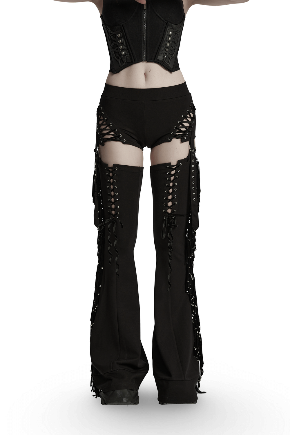 Punk detachable tassel pants with drawstring, flared fit, and edgy side tassels, perfect for bold fashion lovers.