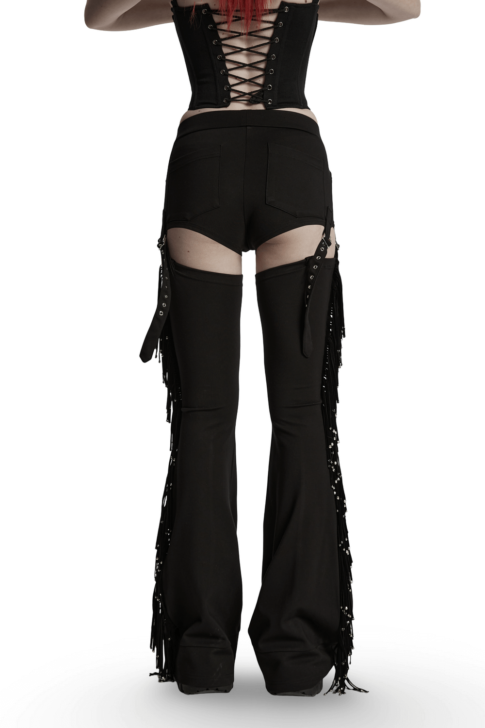 Back view of punk detachable tassel pants with drawstring, showcasing flared fit and edgy design details.