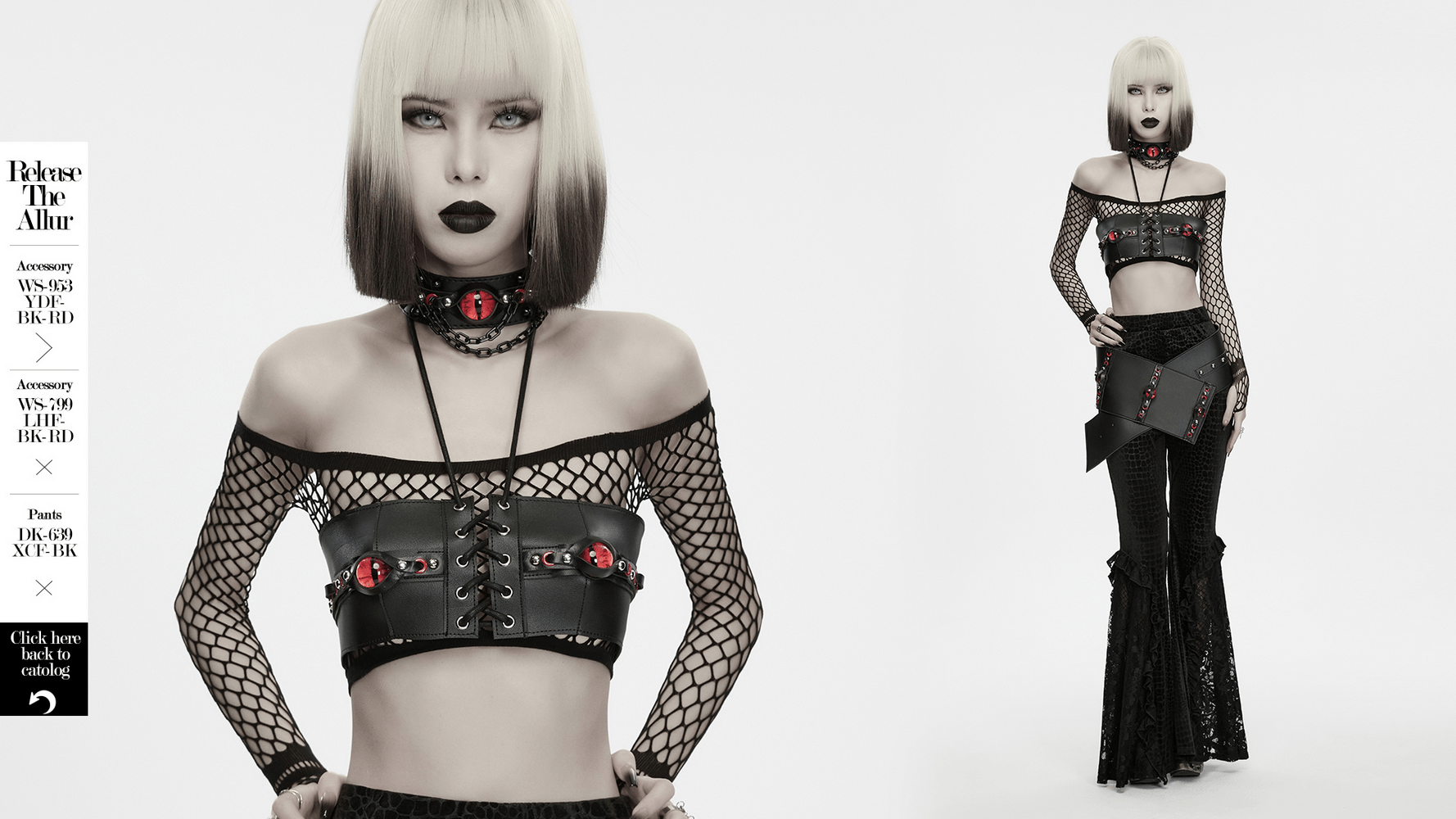 Punk Devil Eye Lace Up Faux Leather Bra Crop Top worn with fishnet sleeves and bold accessories in a gothic style.