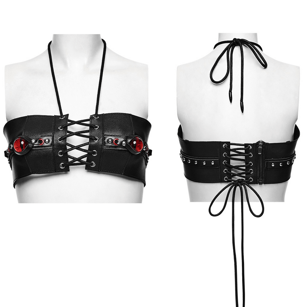 Punk Devil Eye Lace Up Faux Leather Bra Crop Top with lace-up front and bold devil-eye accents in black.