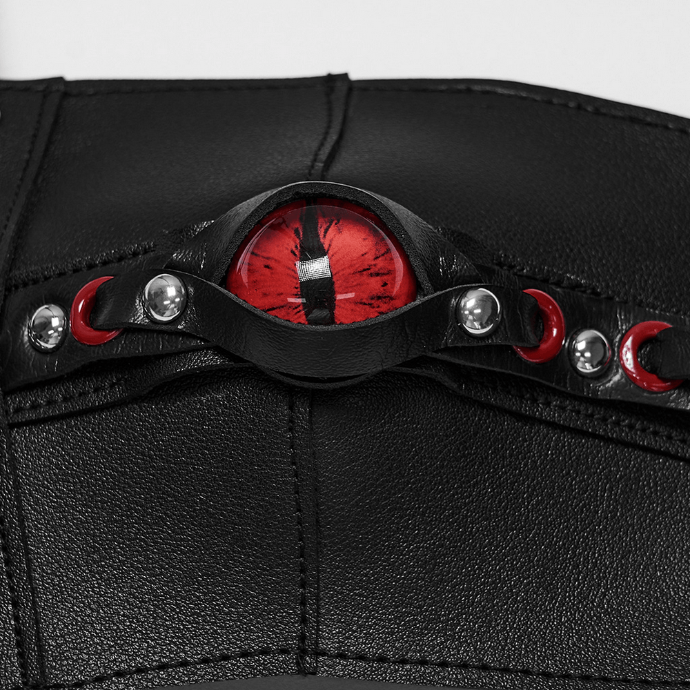 Punk Devil Eye Lace Up Faux Leather Bra Crop Top red devil eye detail on black faux leather, showcasing gothic design features.