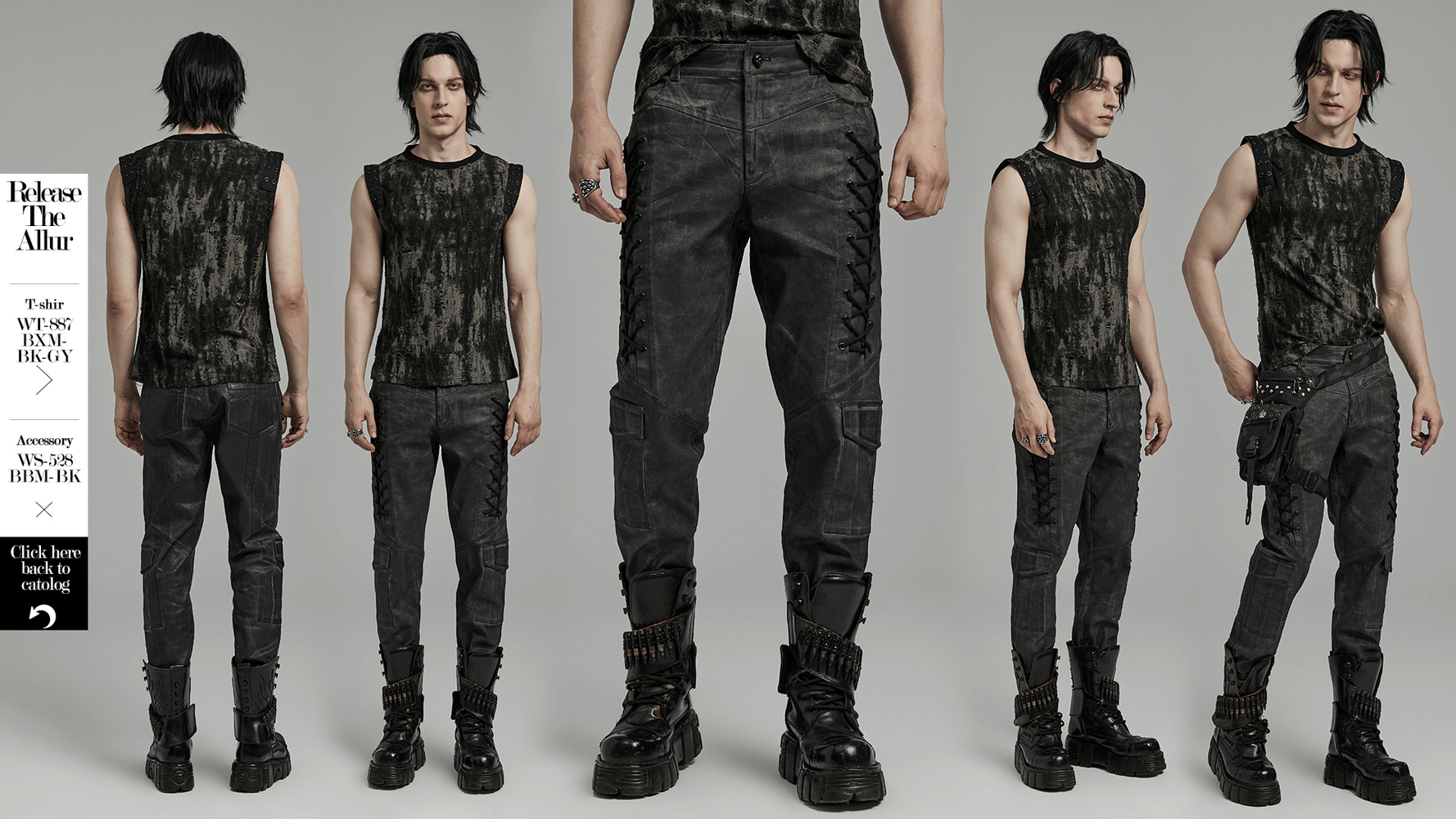 Punk distressed cargo pants for men, showcasing dark streetwear style, unique texture, and eye-catching drawstrings.