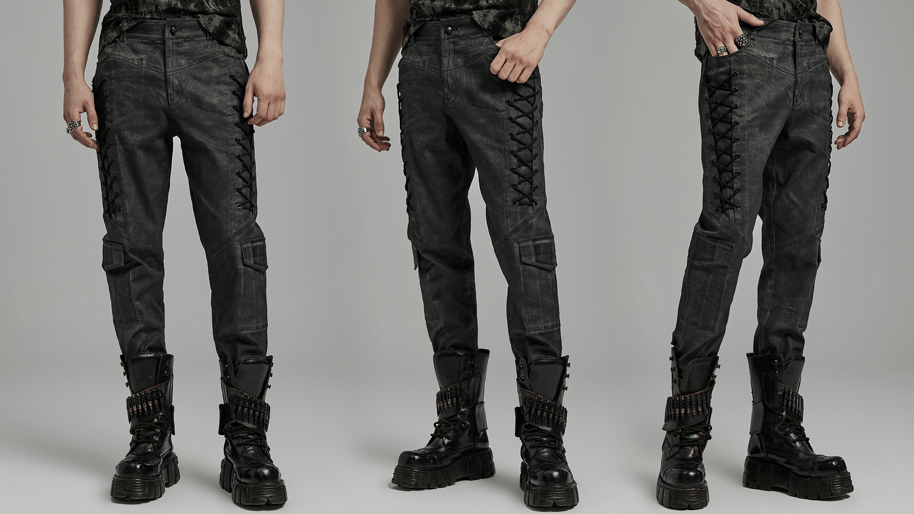 Punk distressed drawstring cargo pants for men with unique textured fabric and decorative side details.