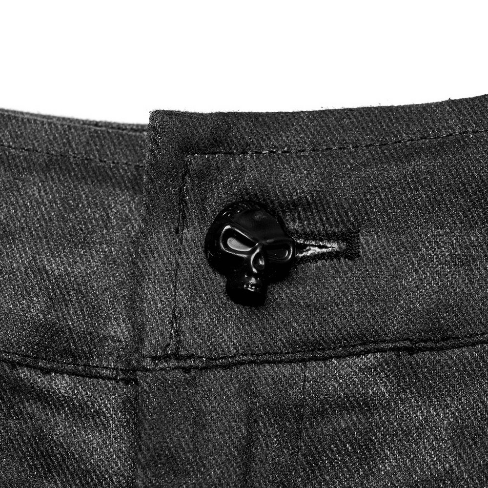 Close-up of black skull button on Punk Distressed Drawstring Cargo Pants for Men, showcasing edgy streetwear style.