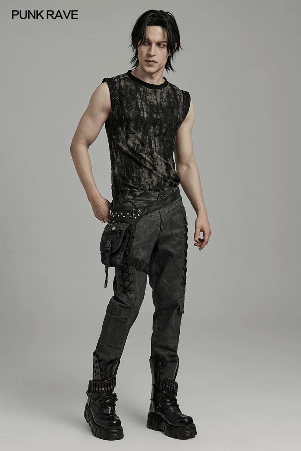 Punk distressed drawstring cargo pants for men, showcasing edgy streetwear style with unique textured fabric.