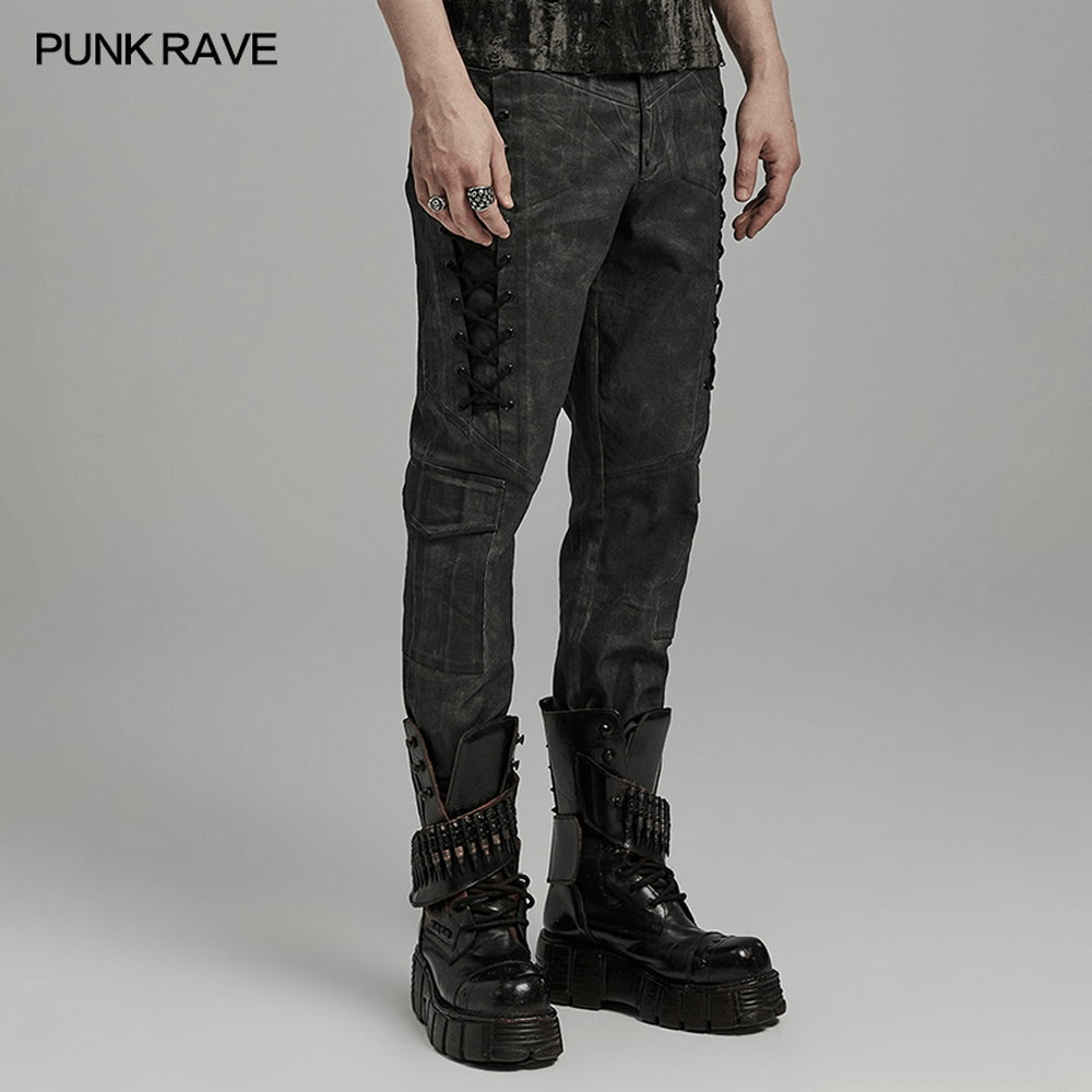 Pantalones cargo punk desgastados con cordón para hombre