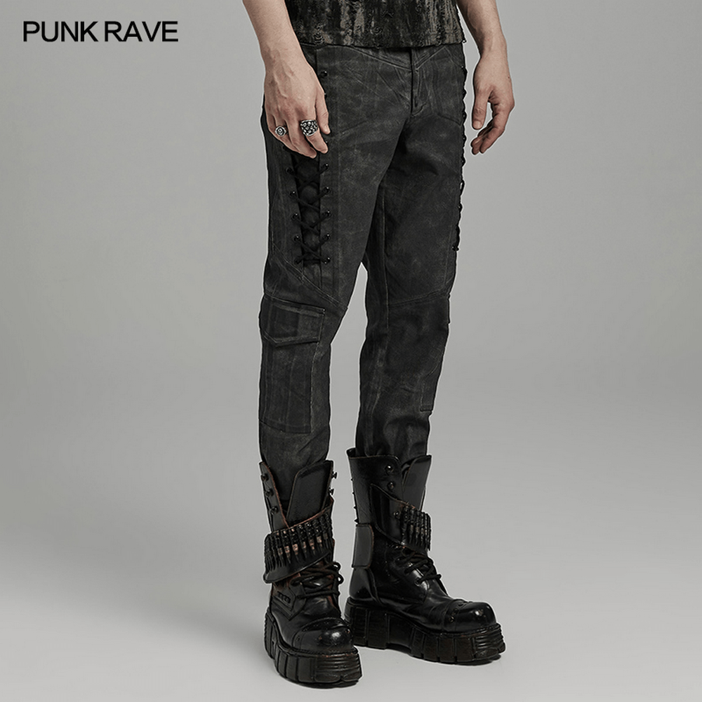 Edgy punk distressed drawstring cargo pants for men with unique texture and decorative details.