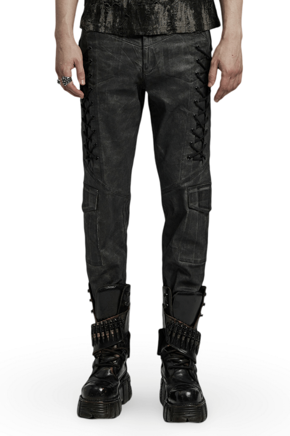 Punk distressed drawstring cargo pants for men, featuring unique textures and decorative lacing, perfect for edgy streetwear.