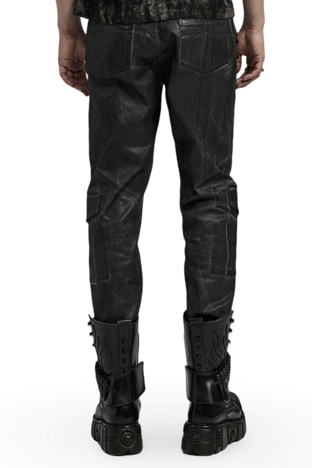 Men's punk distressed cargo pants with drawstrings, featuring a unique textured black fabric and edgy streetwear style.