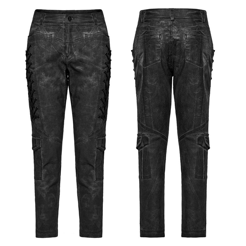 Punk distressed cargo pants for men with unique textured black fabric and decorative drawstrings on sides.