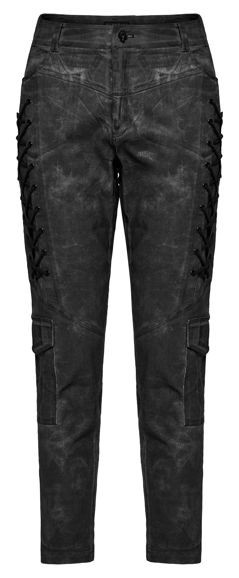 Punk distressed drawstring cargo pants for men in dark black with unique texture and stylish lace-up details.
