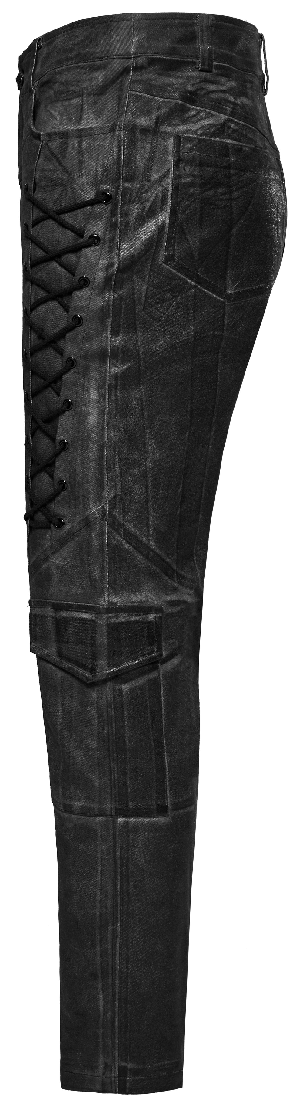 Men's Gothic Distressed Cargo Pants featuring decorative drawstrings and unique textured fabric in black.