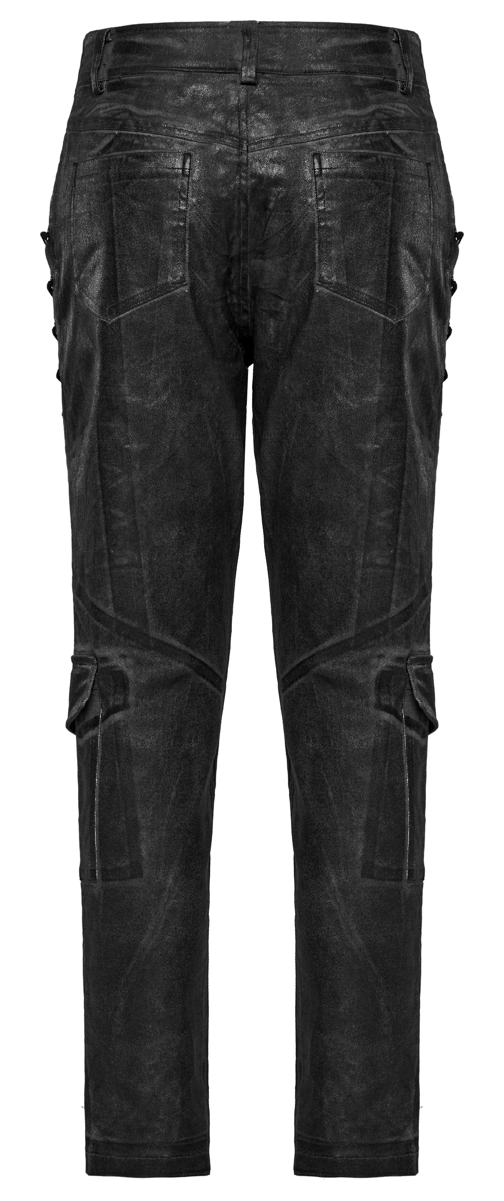 Back view of Punk Distressed Drawstring Cargo Pants for Men, featuring dark textured fabric and unique cargo design.