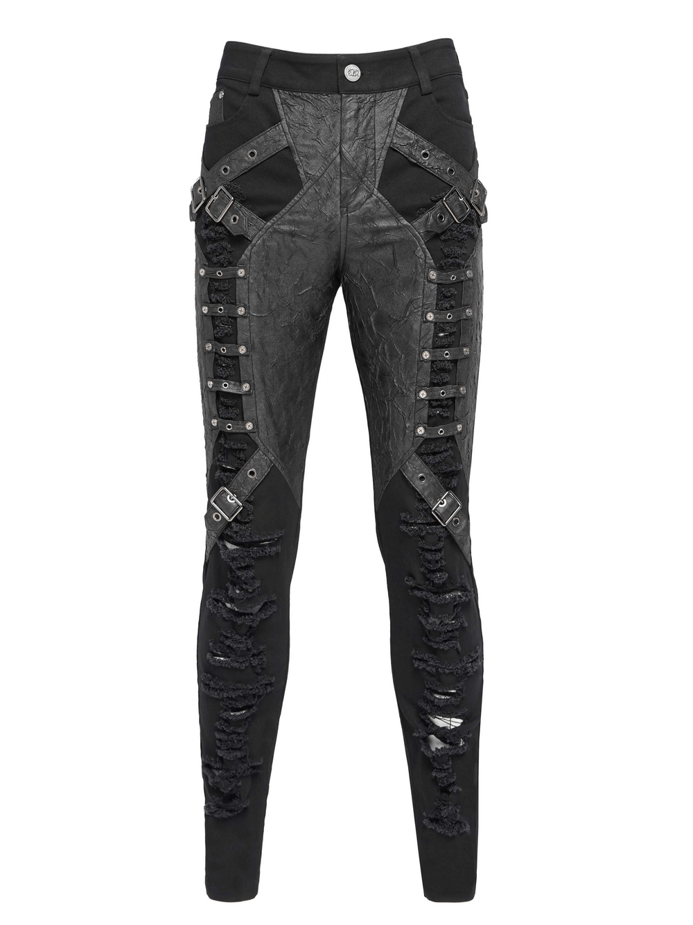 Pantalones Punk Desgastados con Correas y Apliques de Cuero