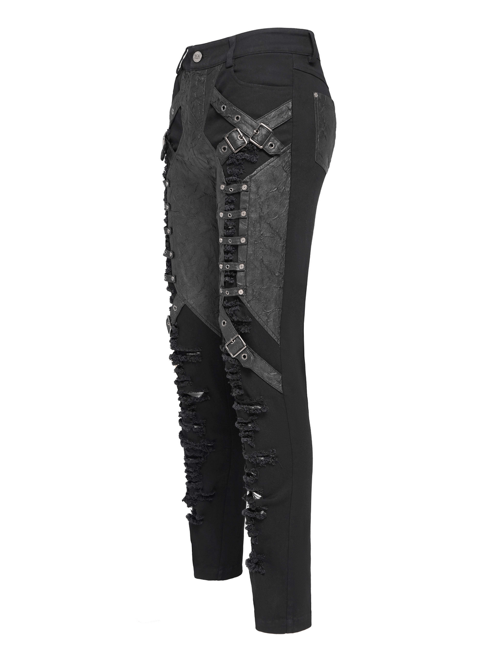 Pantalones Punk Desgastados con Correas y Apliques de Cuero