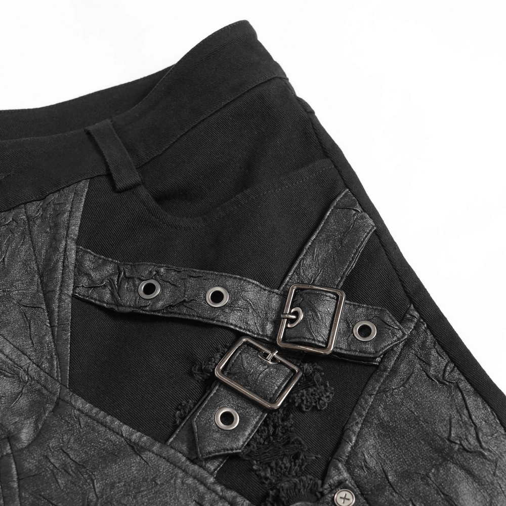 Pantalones Punk Desgastados con Correas y Apliques de Cuero