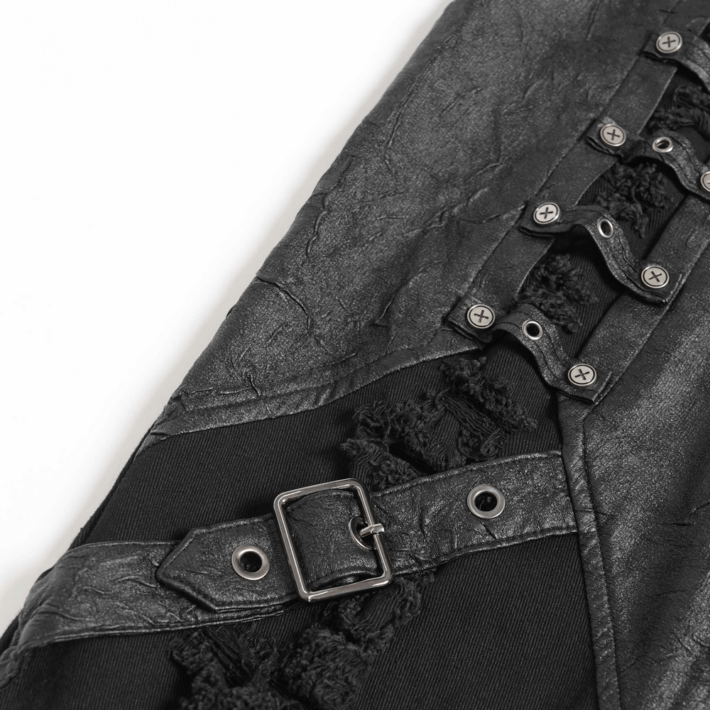 Pantalones Punk Desgastados con Correas y Apliques de Cuero