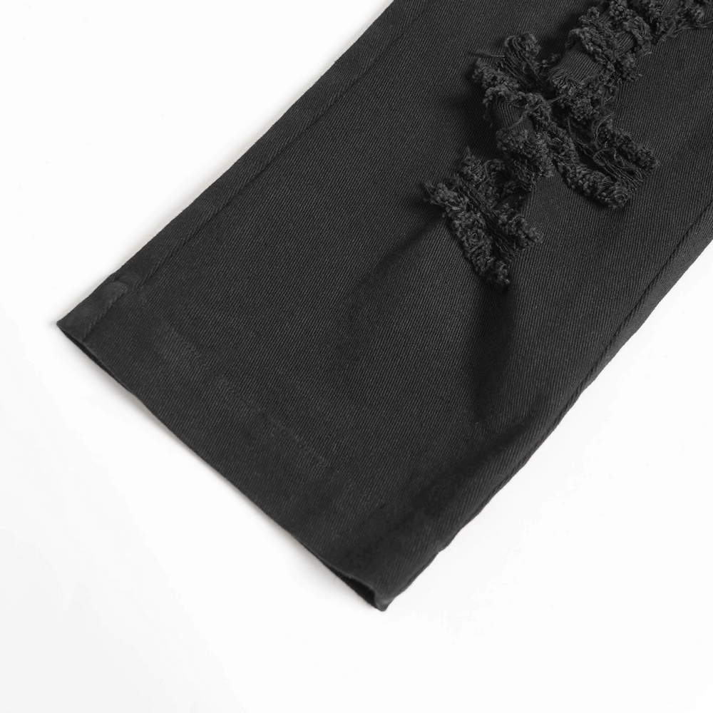 Pantalones Punk Desgastados con Correas y Apliques de Cuero