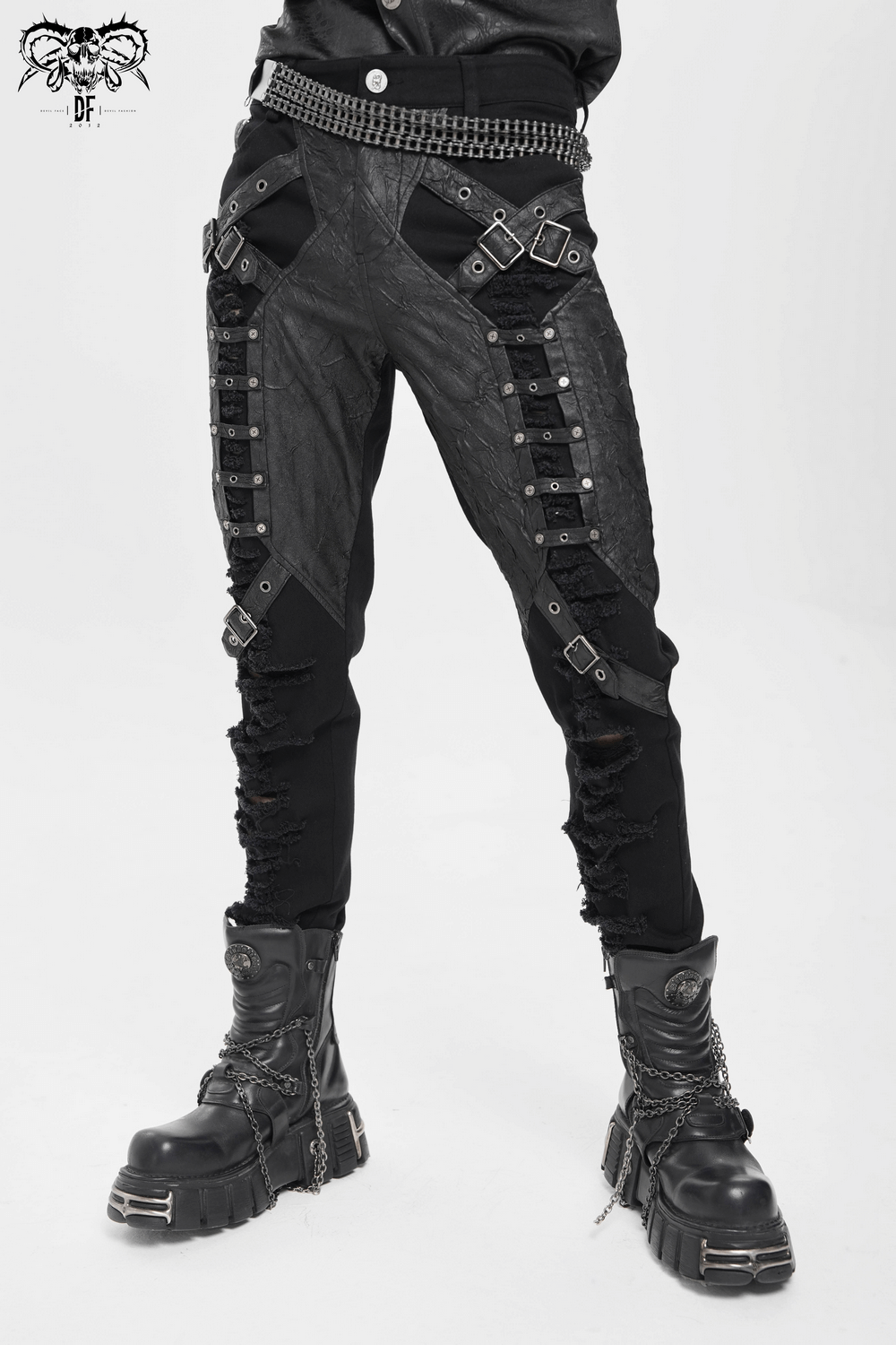 Pantalones Punk Desgastados con Correas y Apliques de Cuero