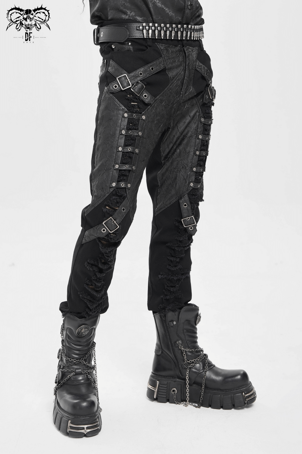 Pantalones Punk Desgastados con Correas y Apliques de Cuero