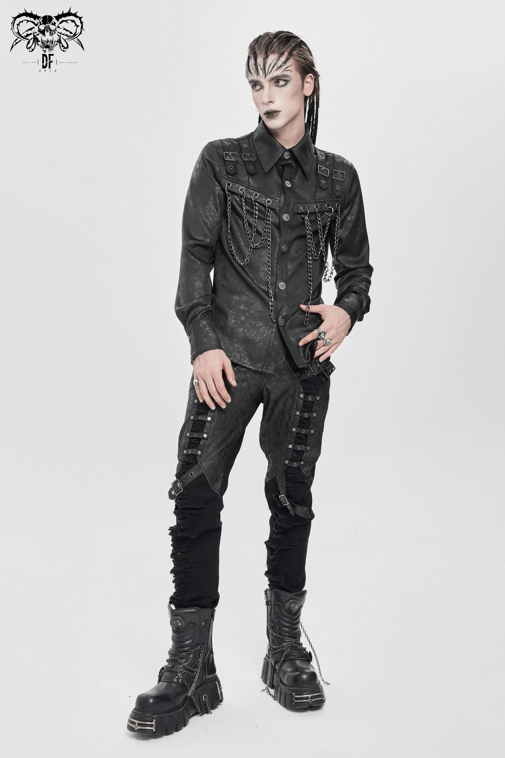 Pantalones Punk Desgastados con Correas y Apliques de Cuero