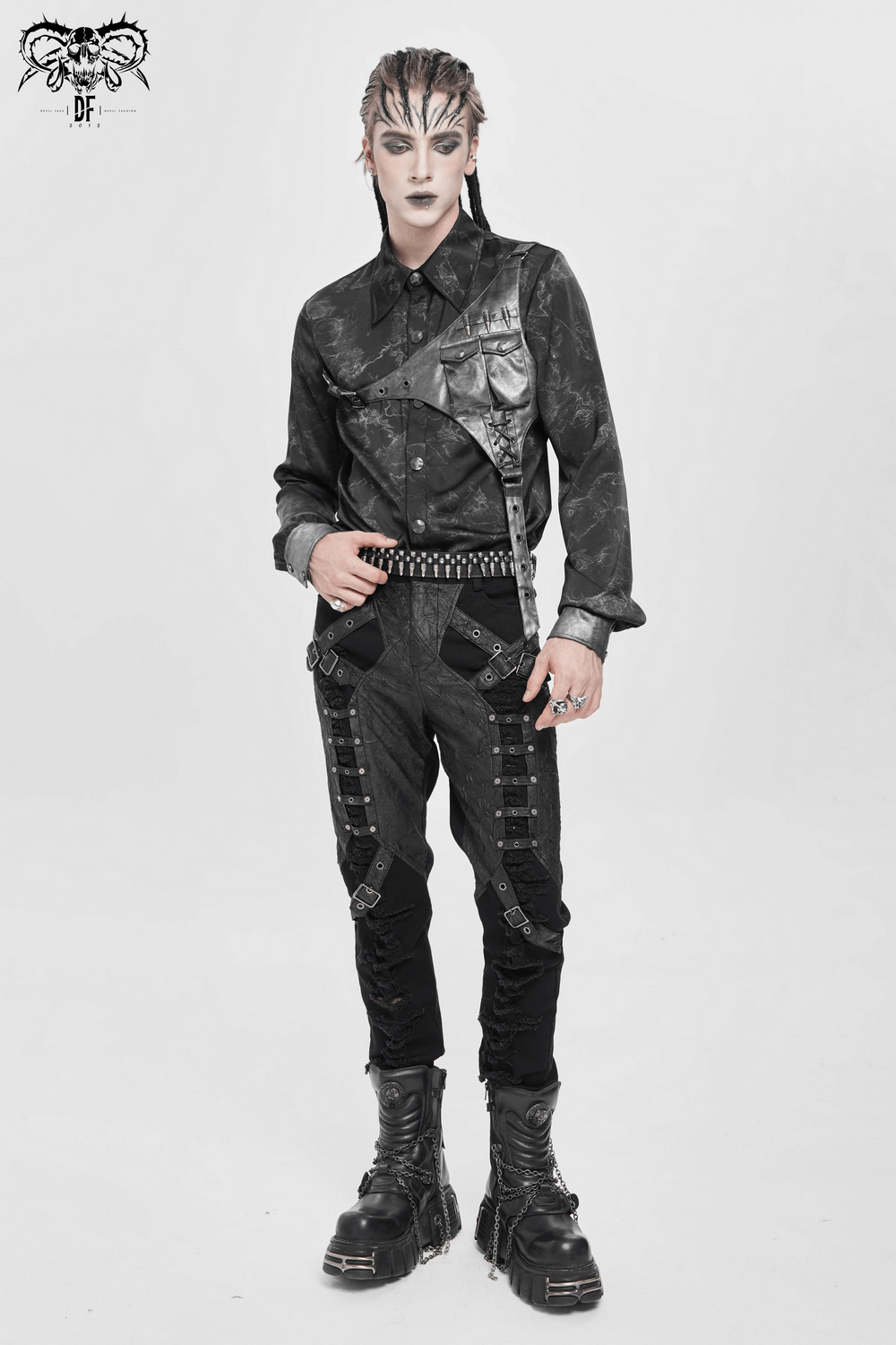 Pantalones Punk Desgastados con Correas y Apliques de Cuero