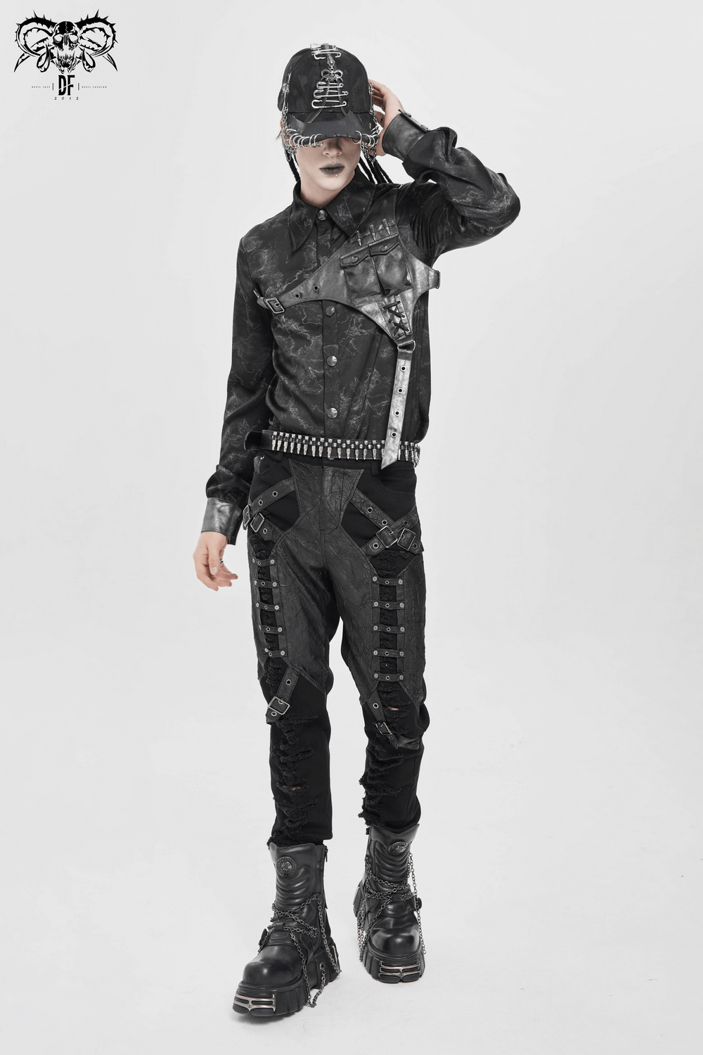 Pantalones Punk Desgastados con Correas y Apliques de Cuero