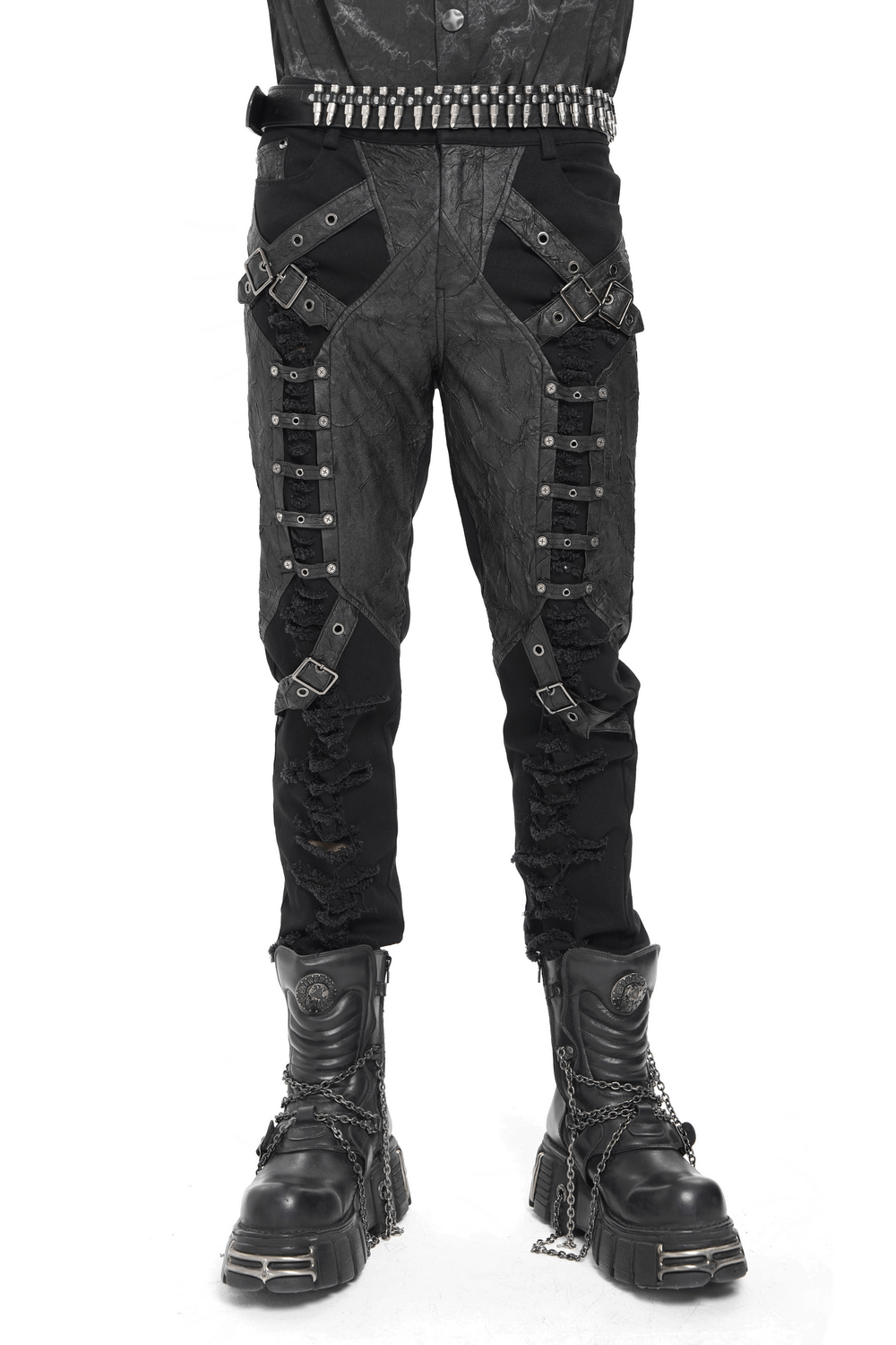 Pantalones Punk Desgastados con Correas y Apliques de Cuero