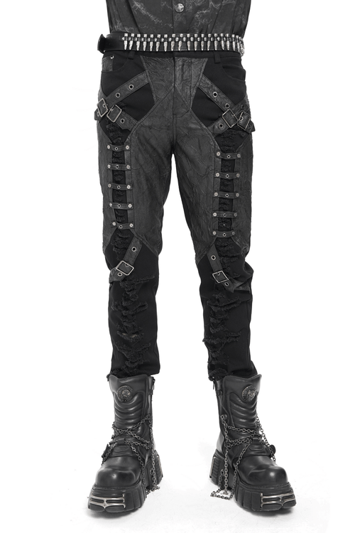 Pantalon punk déchiré avec sangles et patchwork en cuir