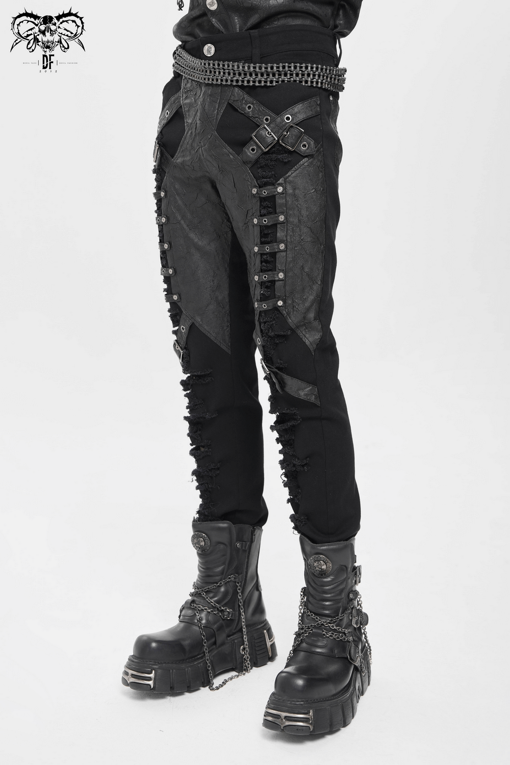 Pantalones Punk Desgastados con Correas y Apliques de Cuero