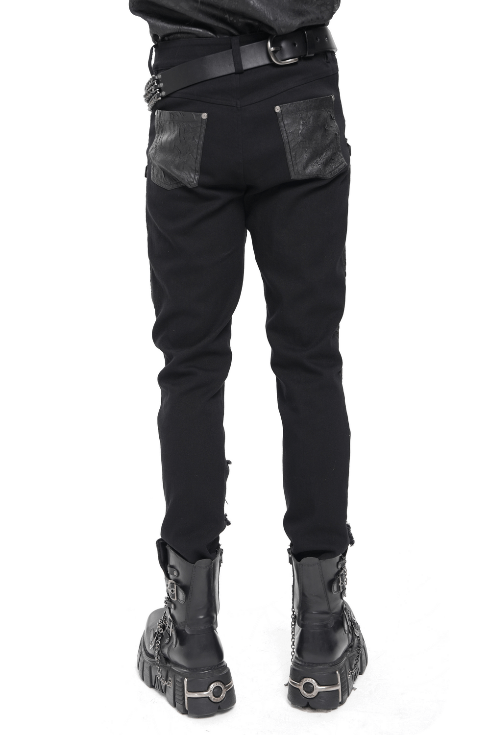 Pantalones Punk Desgastados con Correas y Apliques de Cuero