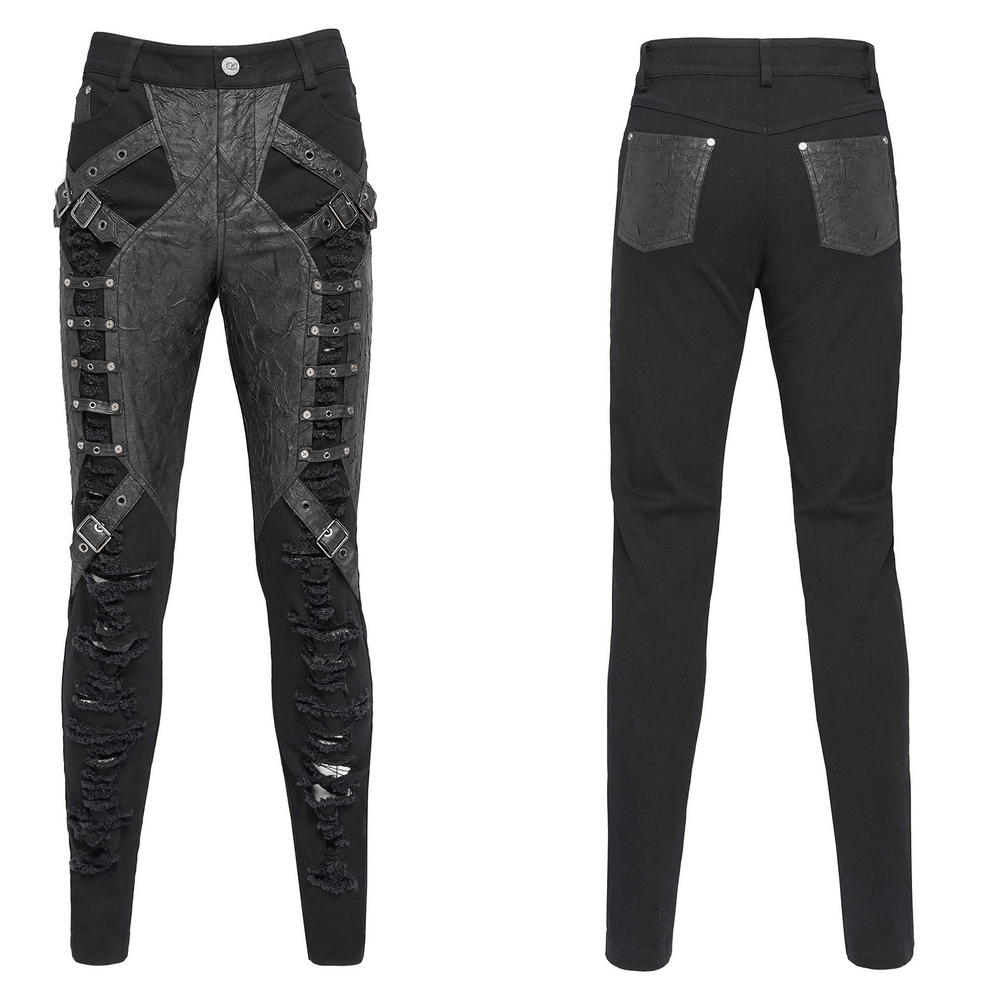 Pantalones Punk Desgastados con Correas y Apliques de Cuero